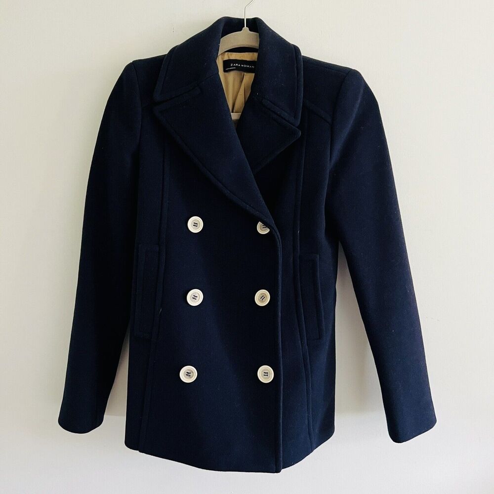 ZARA Navy Double Breasted Wool Blend Coat - S